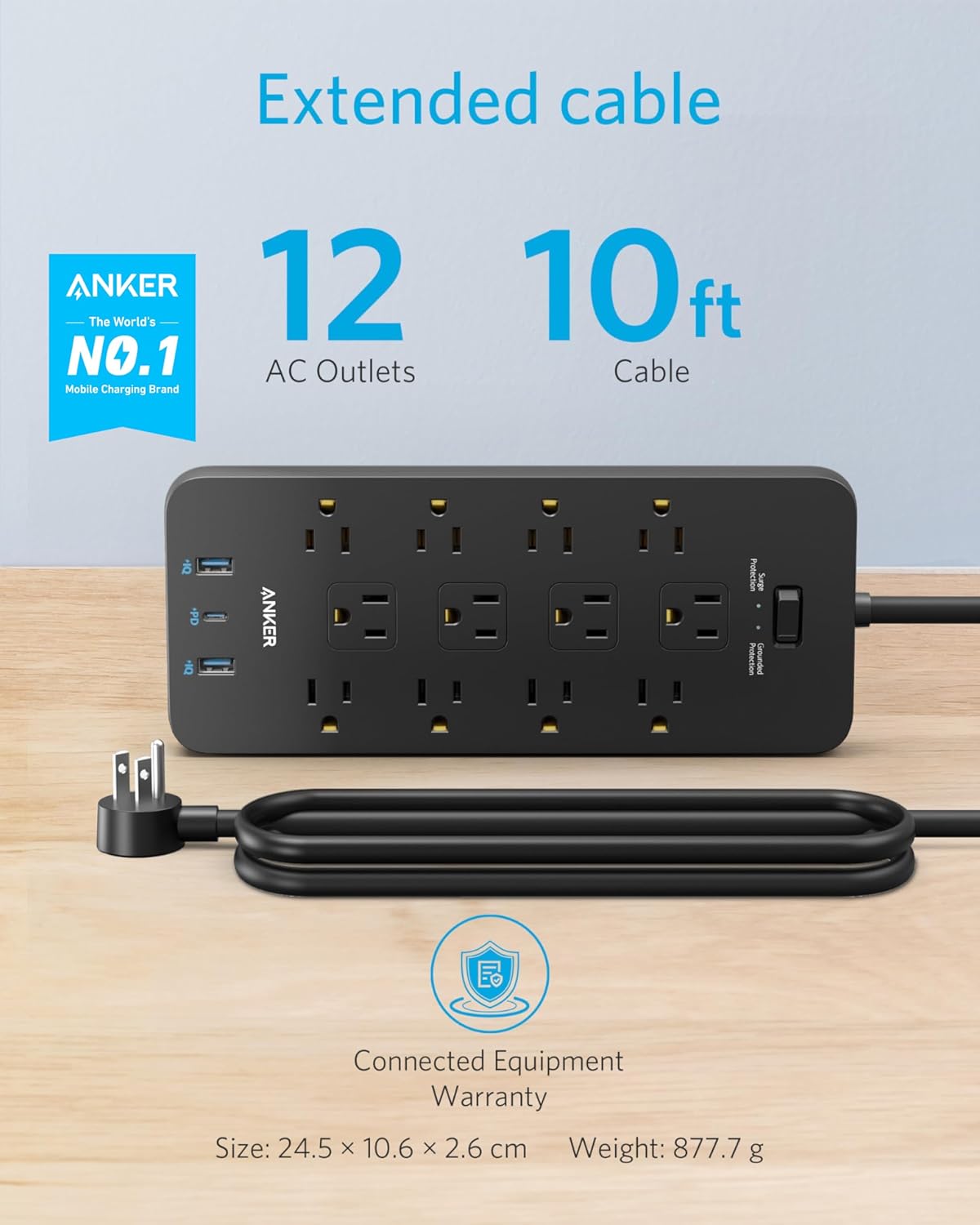 Anker Power Strip with 3 USB Ports, Surge Protector (2100J-10ft), 12 Outlets, 2 USB-A Ports and 1 USB-C Port, Works with iPhone 16/16 Plus/16 Pro/16 Pro Max, for Home, Office, TUV Listed image 2