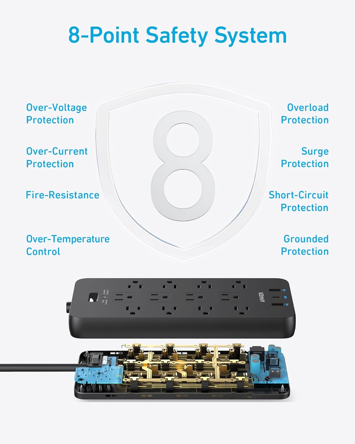 Anker Power Strip with 3 USB Ports, Surge Protector (2100J-10ft), 12 Outlets, 2 USB-A Ports and 1 USB-C Port, Works with iPhone 16/16 Plus/16 Pro/16 Pro Max, for Home, Office, TUV Listed image 7