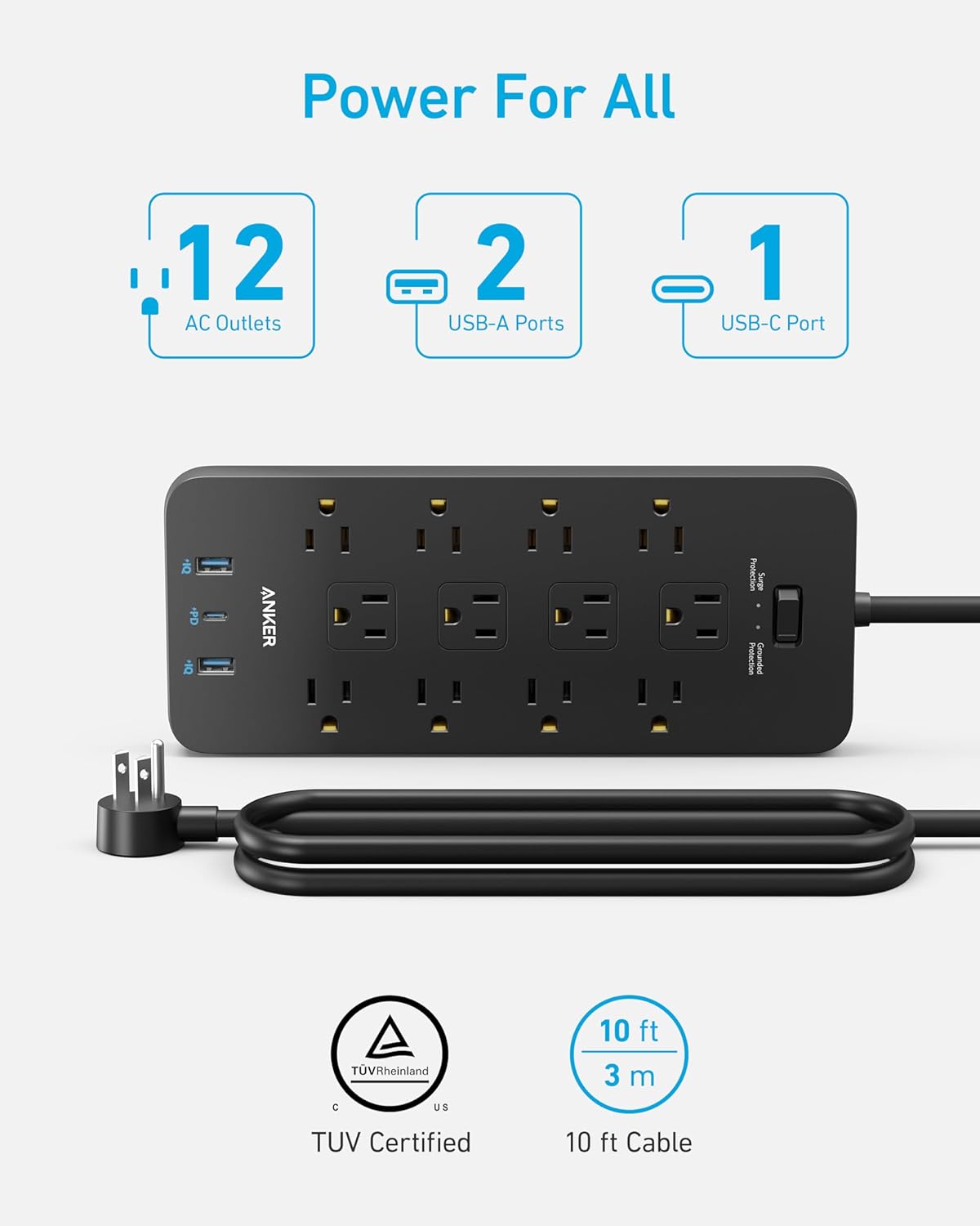 Anker Power Strip with 3 USB Ports, Surge Protector (2100J-10ft), 12 Outlets, 2 USB-A Ports and 1 USB-C Port, Works with iPhone 16/16 Plus/16 Pro/16 Pro Max, for Home, Office, TUV Listed image 8