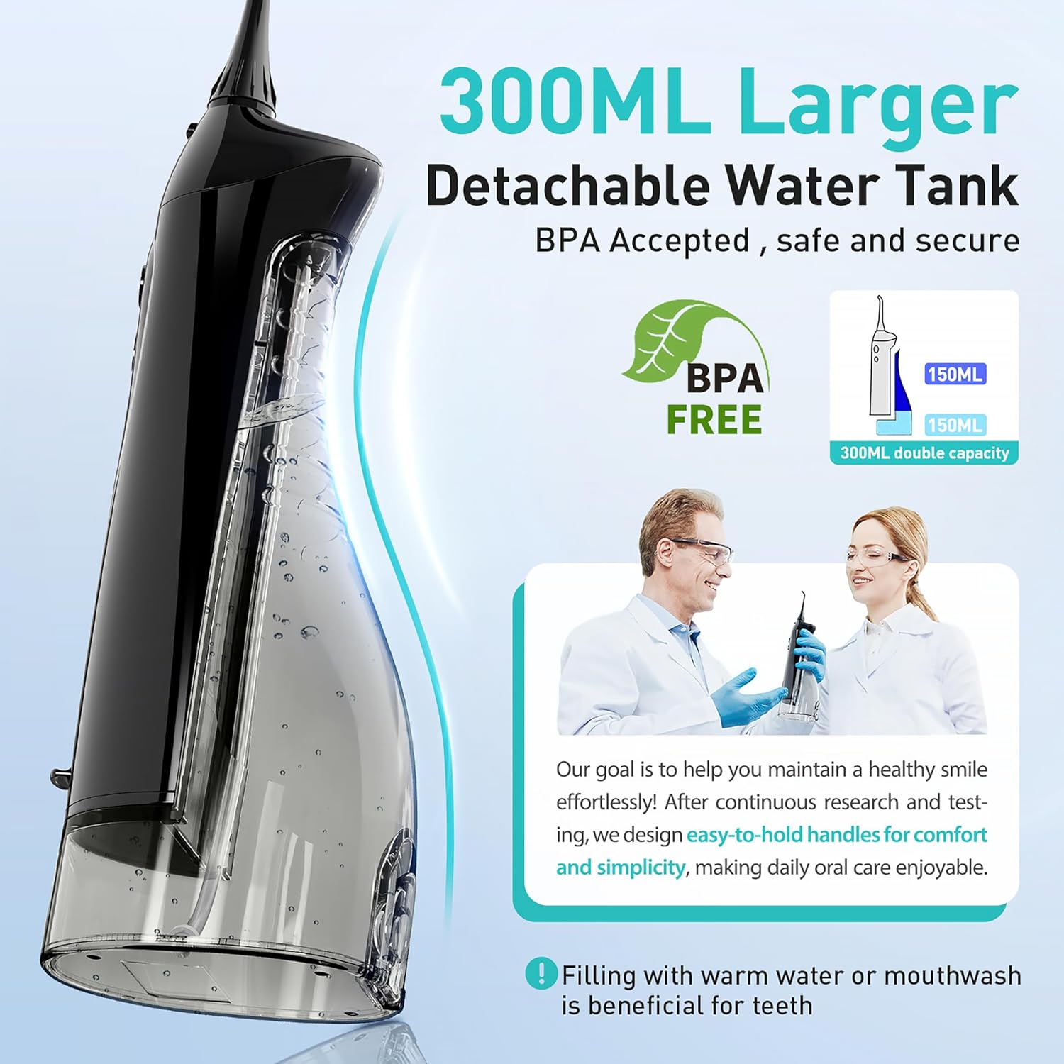 COSLUS Water Dental Flosser Teeth Pick: Portable Cordless Oral Irrigator 300ML Rechargeable Travel Irrigation Cleaner IPX7 Waterproof Electric Flossing Machine for Teeth Cleaning C20(F5020E) image 3