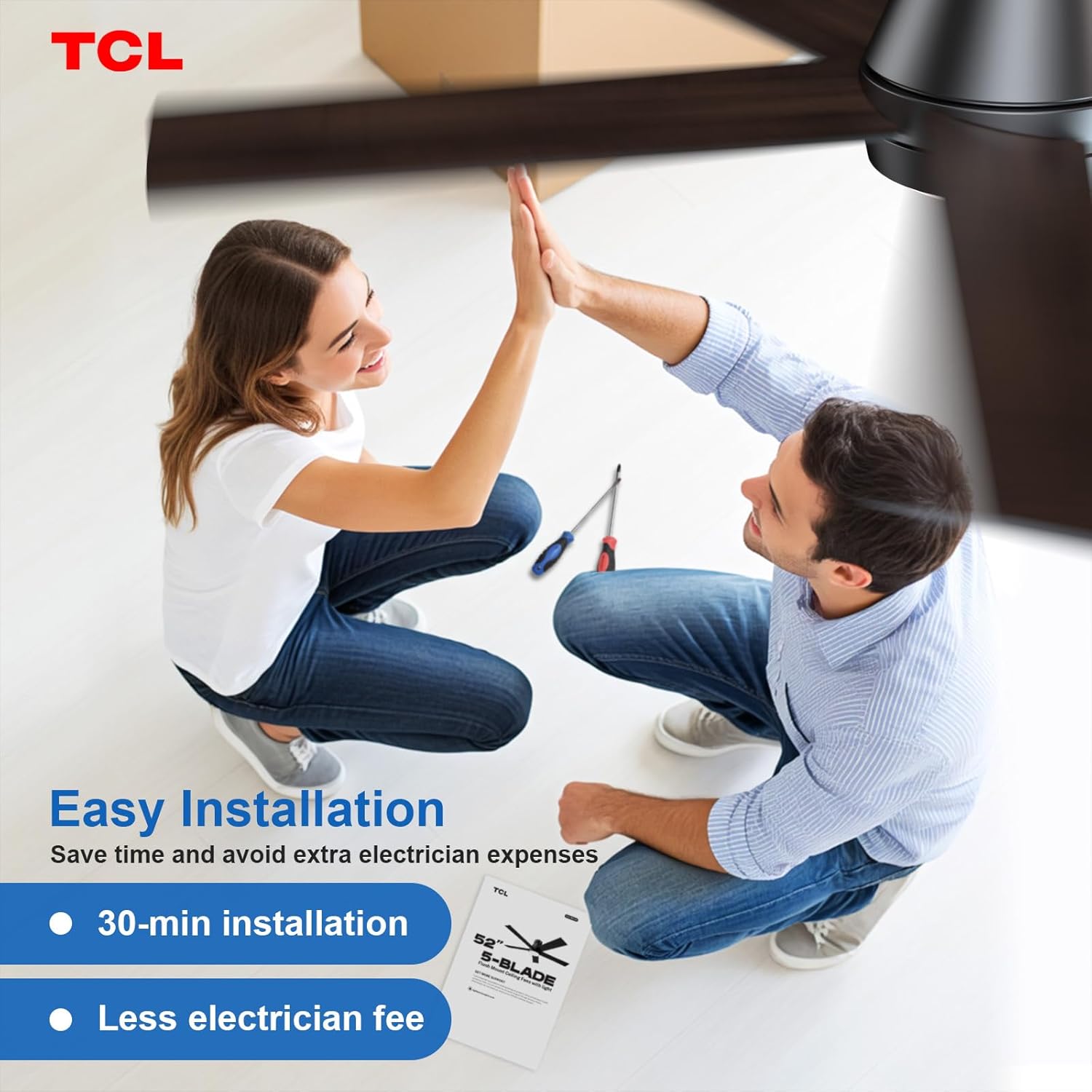 TCL 52" Ceiling Fan with Lights, Black Flush Mount Ceiling Fans with Remote Control, 6 Speeds DC Reversible, Dimmable, Noiseless, Low Profile Ceiling Fans for Bedroom image 8