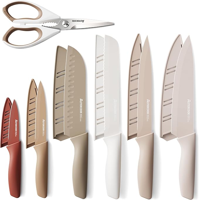 Astercook Knife Set, 13 Pieces Kitchen Knives Set with Healthy Anti-Rust Coating, Dishwasher Safe, Stainless Steel Chef Knife Sets with 6 Blade Guards, Perfect Holiday Gifts for Kitchen image 1