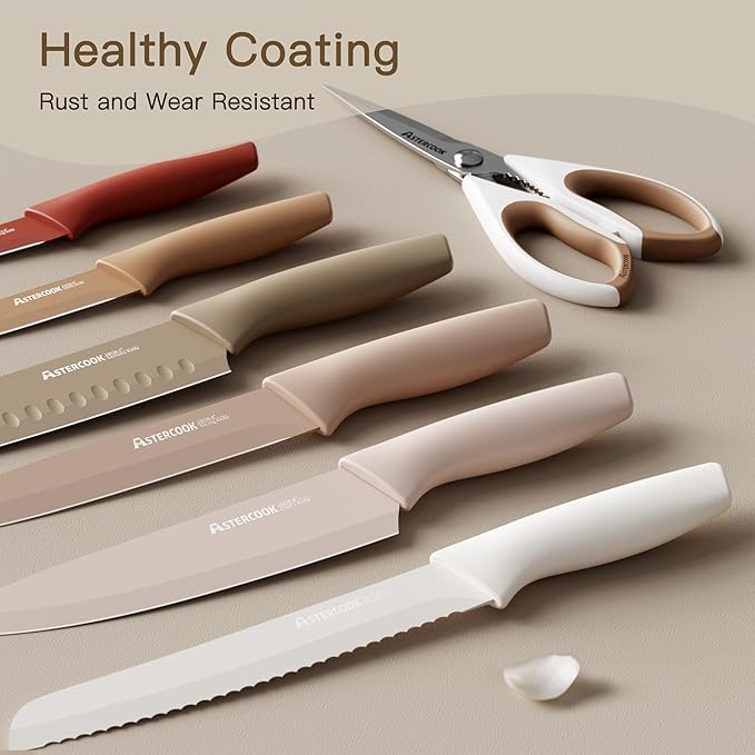 Astercook Knife Set, 13 Pieces Kitchen Knives Set with Healthy Anti-Rust Coating, Dishwasher Safe, Stainless Steel Chef Knife Sets with 6 Blade Guards, Perfect Holiday Gifts for Kitchen image 2