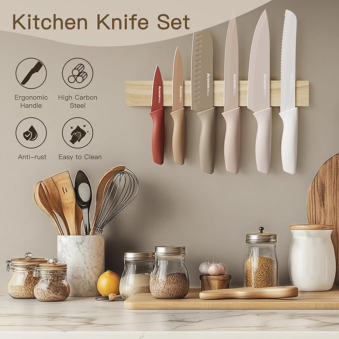 Astercook Knife Set, 13 Pieces Kitchen Knives Set with Healthy Anti-Rust Coating, Dishwasher Safe, Stainless Steel Chef Knife Sets with 6 Blade Guards, Perfect Holiday Gifts for Kitchen image 3