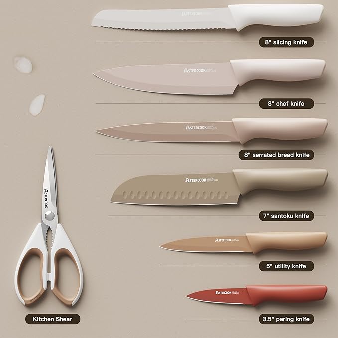 Astercook Knife Set, 13 Pieces Kitchen Knives Set with Healthy Anti-Rust Coating, Dishwasher Safe, Stainless Steel Chef Knife Sets with 6 Blade Guards, Perfect Holiday Gifts for Kitchen image 5