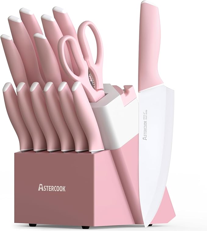 Astercook Knife Set, Kitchen Knives Set with Block and Sharpener Ceramic Coating 15 Pcs German Stainless Steel Knives Sharp Blade Dishwasher Safe Knife Block Set with Ergonomic Handle, Crystal Pink image 1