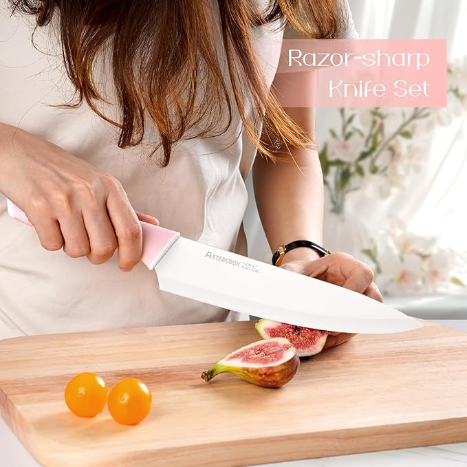 Astercook Knife Set, Kitchen Knives Set with Block and Sharpener Ceramic Coating 15 Pcs German Stainless Steel Knives Sharp Blade Dishwasher Safe Knife Block Set with Ergonomic Handle, Crystal Pink image 2