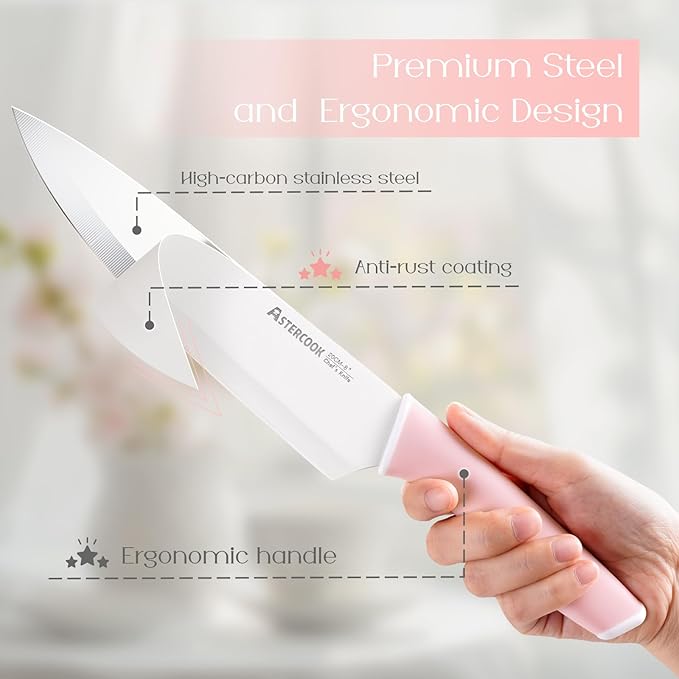Astercook Knife Set, Kitchen Knives Set with Block and Sharpener Ceramic Coating 15 Pcs German Stainless Steel Knives Sharp Blade Dishwasher Safe Knife Block Set with Ergonomic Handle, Crystal Pink image 3