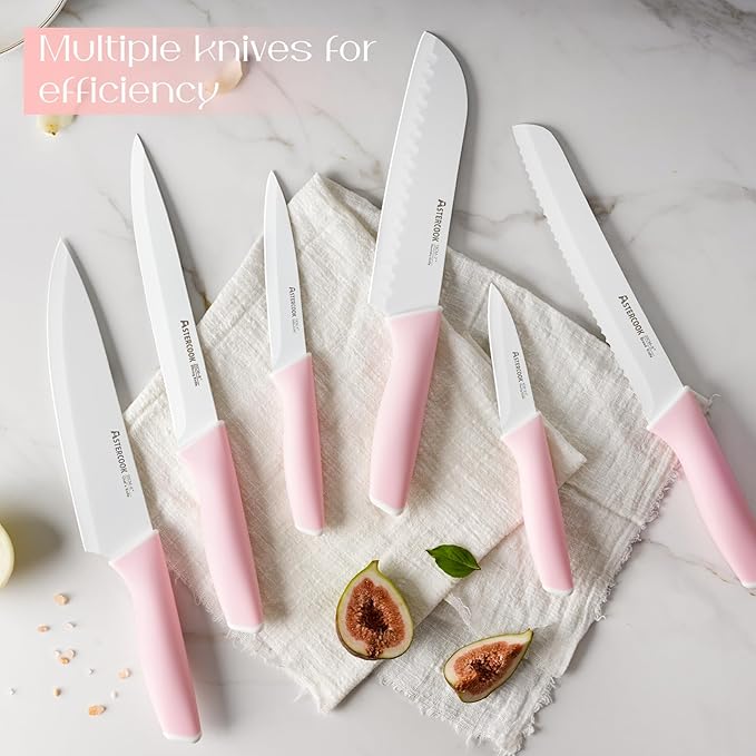 Astercook Knife Set, Kitchen Knives Set with Block and Sharpener Ceramic Coating 15 Pcs German Stainless Steel Knives Sharp Blade Dishwasher Safe Knife Block Set with Ergonomic Handle, Crystal Pink image 4