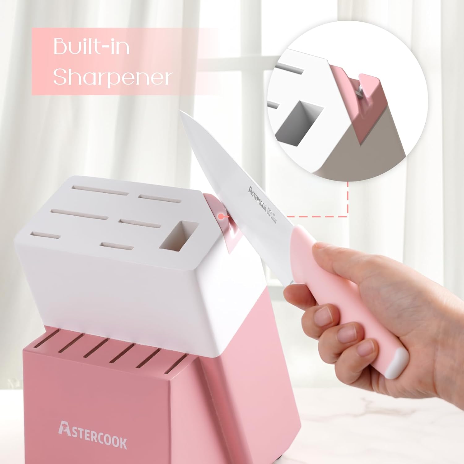 Astercook Knife Set, Kitchen Knives Set with Block and Sharpener Ceramic Coating 15 Pcs German Stainless Steel Knives Sharp Blade Dishwasher Safe Knife Block Set with Ergonomic Handle, Crystal Pink image 6