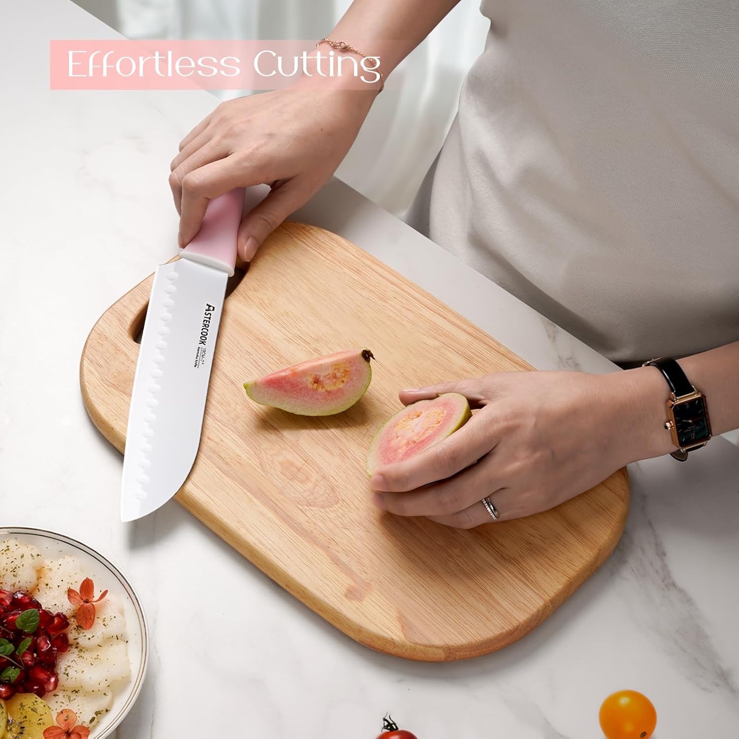 Astercook Knife Set, Kitchen Knives Set with Block and Sharpener Ceramic Coating 15 Pcs German Stainless Steel Knives Sharp Blade Dishwasher Safe Knife Block Set with Ergonomic Handle, Crystal Pink image 7