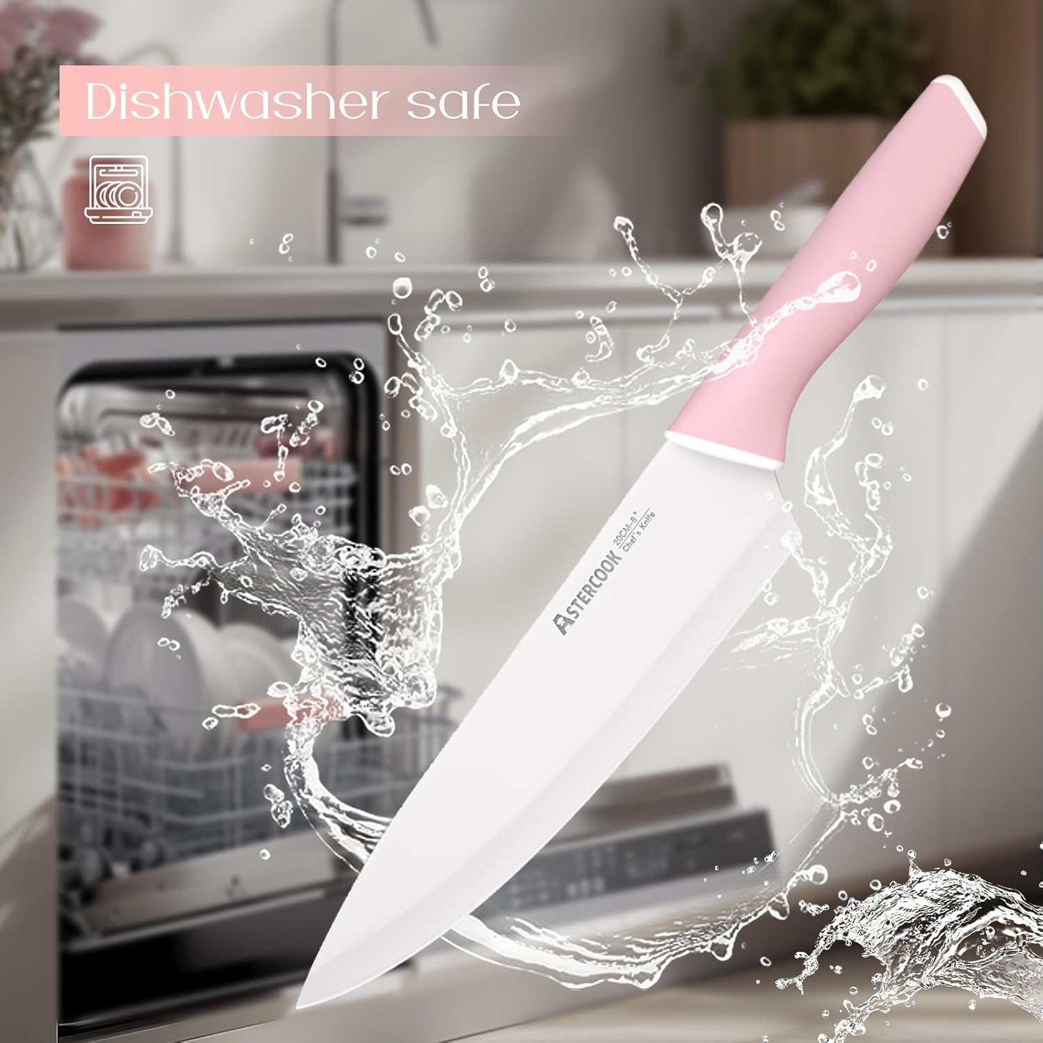 Astercook Knife Set, Kitchen Knives Set with Block and Sharpener Ceramic Coating 15 Pcs German Stainless Steel Knives Sharp Blade Dishwasher Safe Knife Block Set with Ergonomic Handle, Crystal Pink image 9