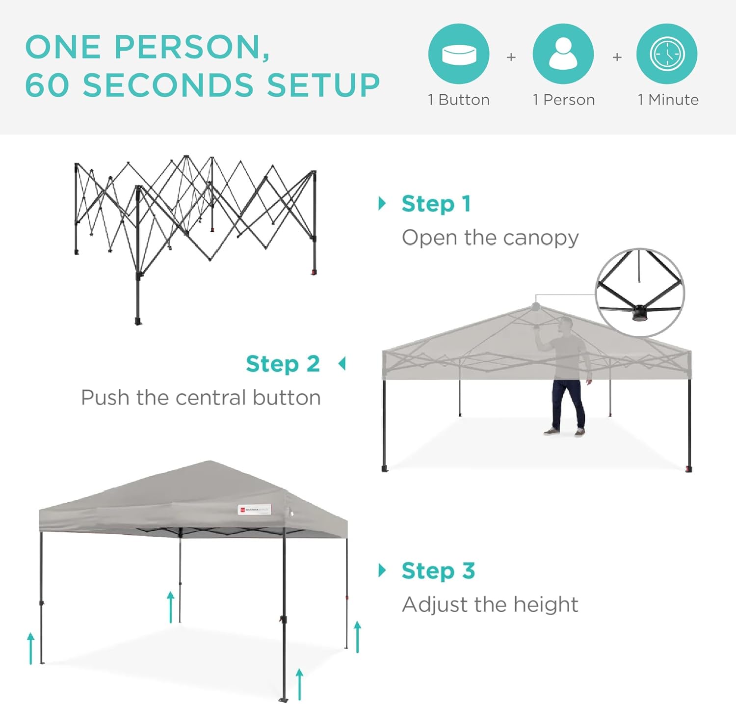 Best Choice Products 10x10ft 1-Person Setup Pop Up Canopy Tent Instant Portable Shelter w/ 1-Button Push, Case, 4 Weight Bags - Light Gray image 2