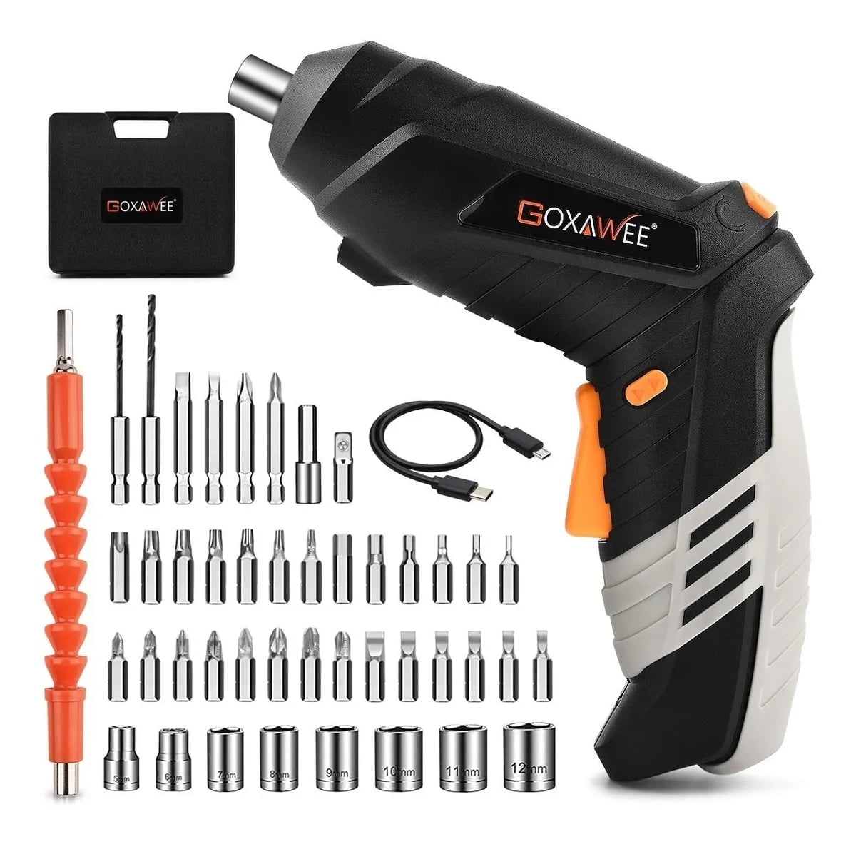 GOXAWEE Cordless Electric Screwdriver with Pivoting Handle, LED Light and 46pcs Bit Set, 3.7V, 2000mA image 1