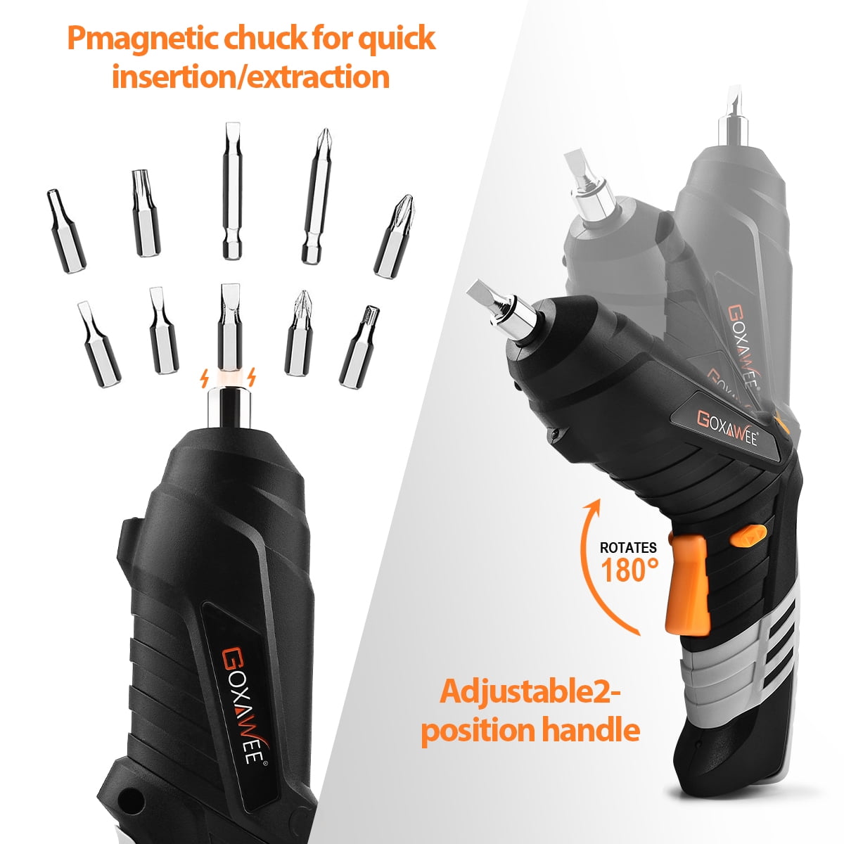 GOXAWEE Cordless Electric Screwdriver with Pivoting Handle, LED Light and 46pcs Bit Set, 3.7V, 2000mA image 2