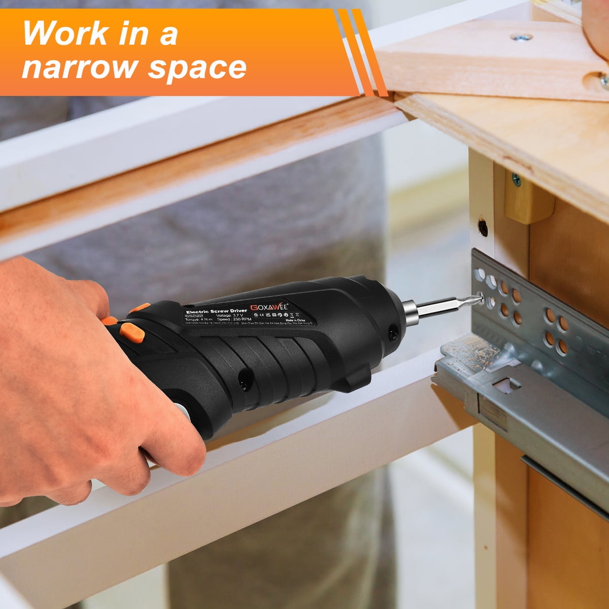 GOXAWEE Cordless Electric Screwdriver with Pivoting Handle, LED Light and 46pcs Bit Set, 3.7V, 2000mA image 4