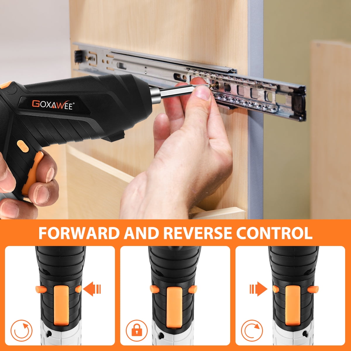 GOXAWEE Cordless Electric Screwdriver with Pivoting Handle, LED Light and 46pcs Bit Set, 3.7V, 2000mA image 5