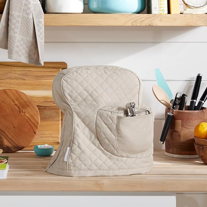 KITCHENAID Fitted Tilt-Head Stand Mixer Cover with Storage Pocket, Quilted 100% Cotton,14.4"x18"x10", Milkshake image 2