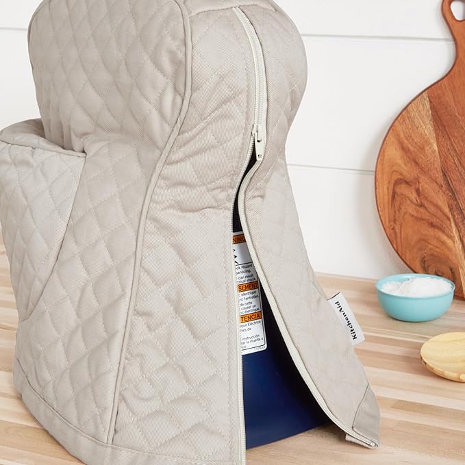 KITCHENAID Fitted Tilt-Head Stand Mixer Cover with Storage Pocket, Quilted 100% Cotton,14.4"x18"x10", Milkshake image 5