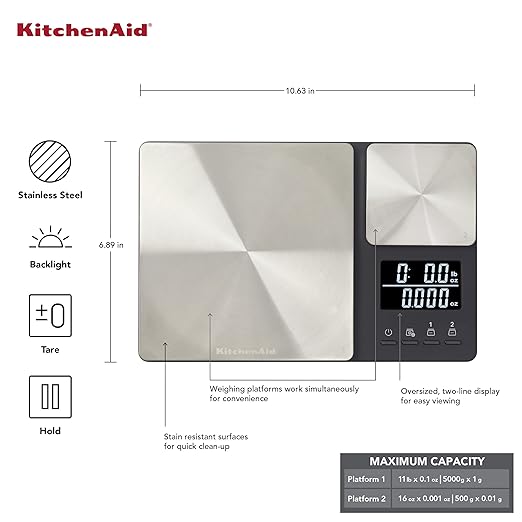 KitchenAid KQ909 Dual Platform Digital Kitchen and Food Scale, 11 pound capacity and Precision 16oz capacity, Black with Stainless Steel image 4