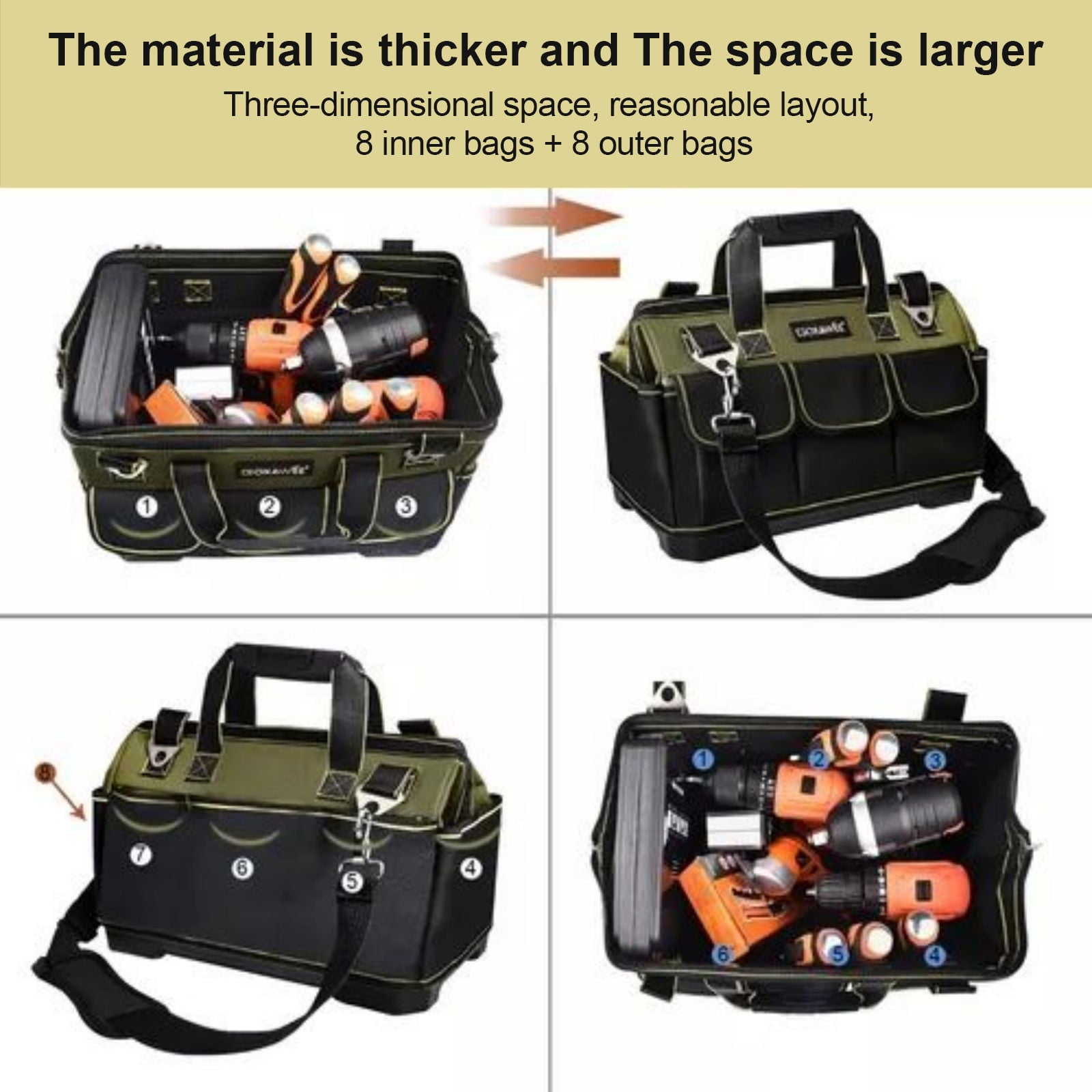 GOXAWEE 17-inch Tool Bag with 16 Pockets, Waterproof Oxford Canvas Hand Tool Storage Bag, Tool Kit Organizer Bag image 3