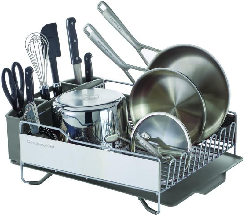 KitchenAid Large Capacity Full Size Rust Resistant Dish Rack with Angled Drain Board and Removable Flatware Caddy, Light Grey image 1