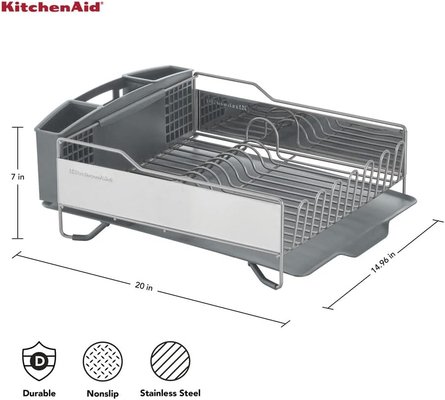 KitchenAid Large Capacity Full Size Rust Resistant Dish Rack with Angled Drain Board and Removable Flatware Caddy, Light Grey image 2