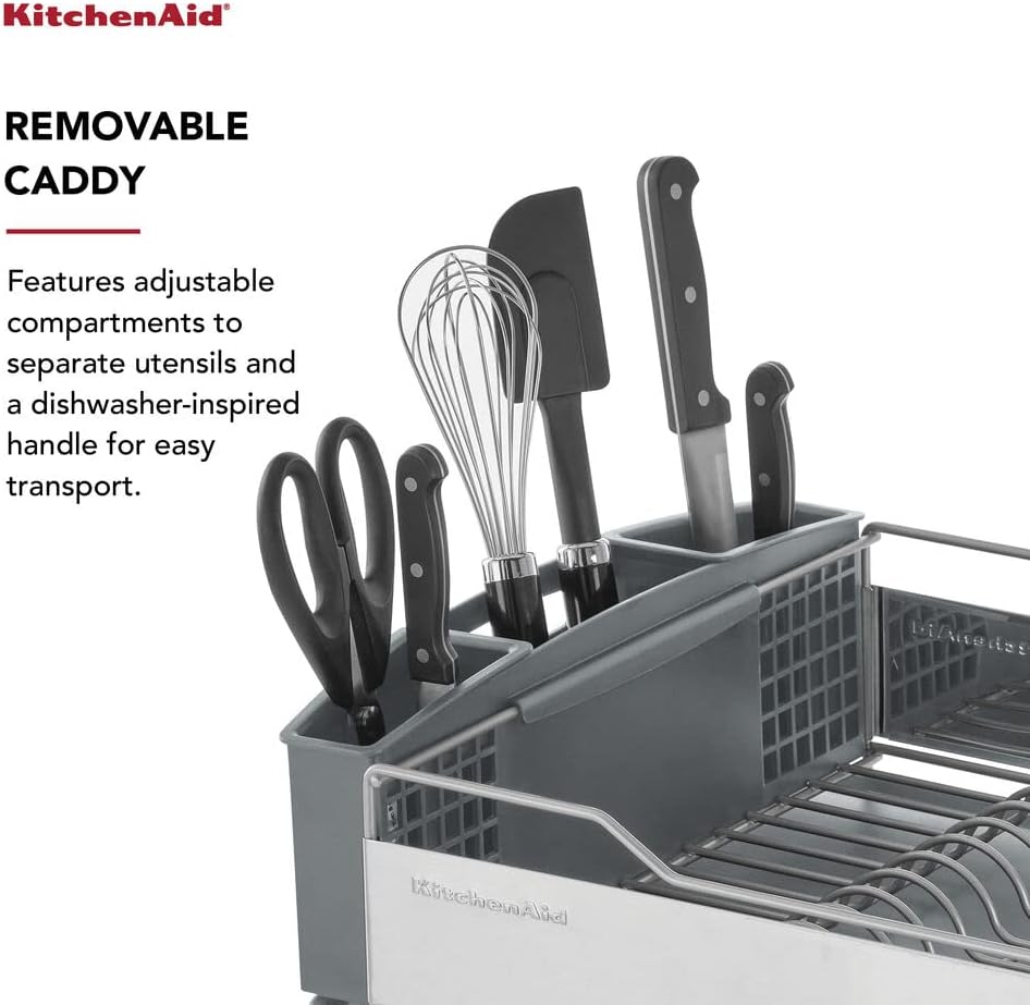 KitchenAid Large Capacity Full Size Rust Resistant Dish Rack with Angled Drain Board and Removable Flatware Caddy, Light Grey image 3