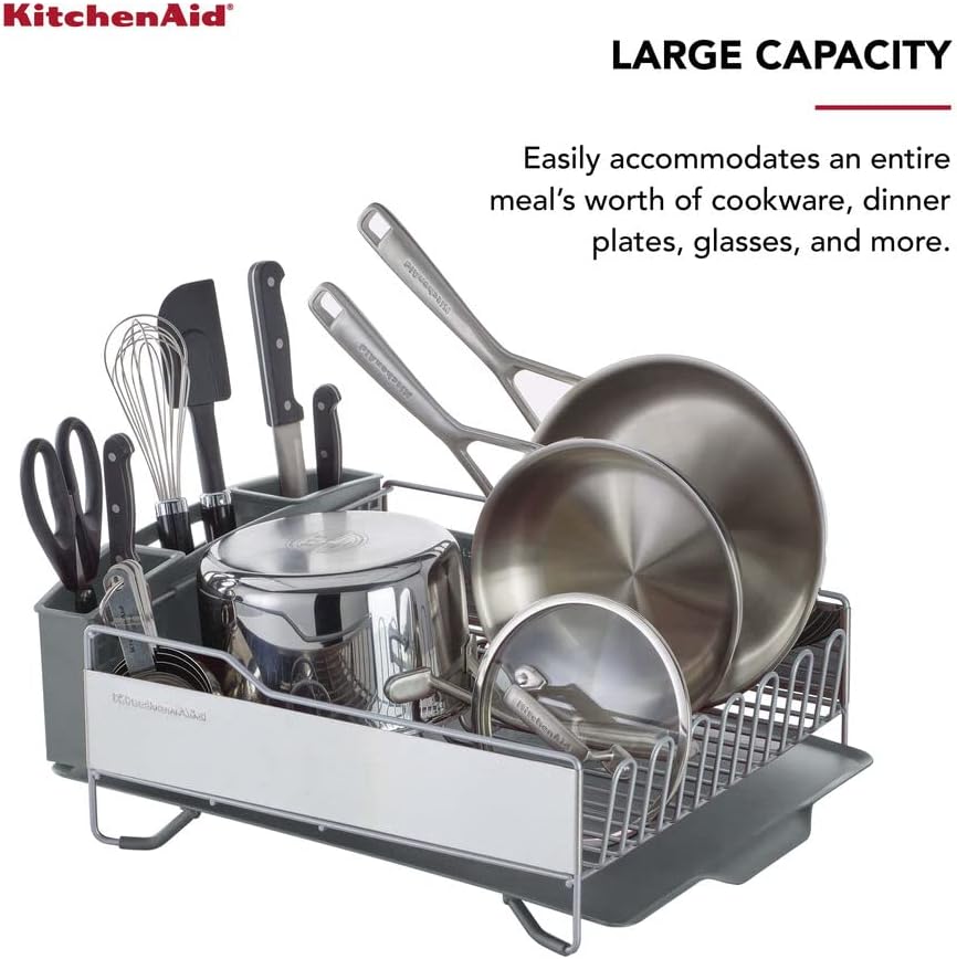 KitchenAid Large Capacity Full Size Rust Resistant Dish Rack with Angled Drain Board and Removable Flatware Caddy, Light Grey image 4