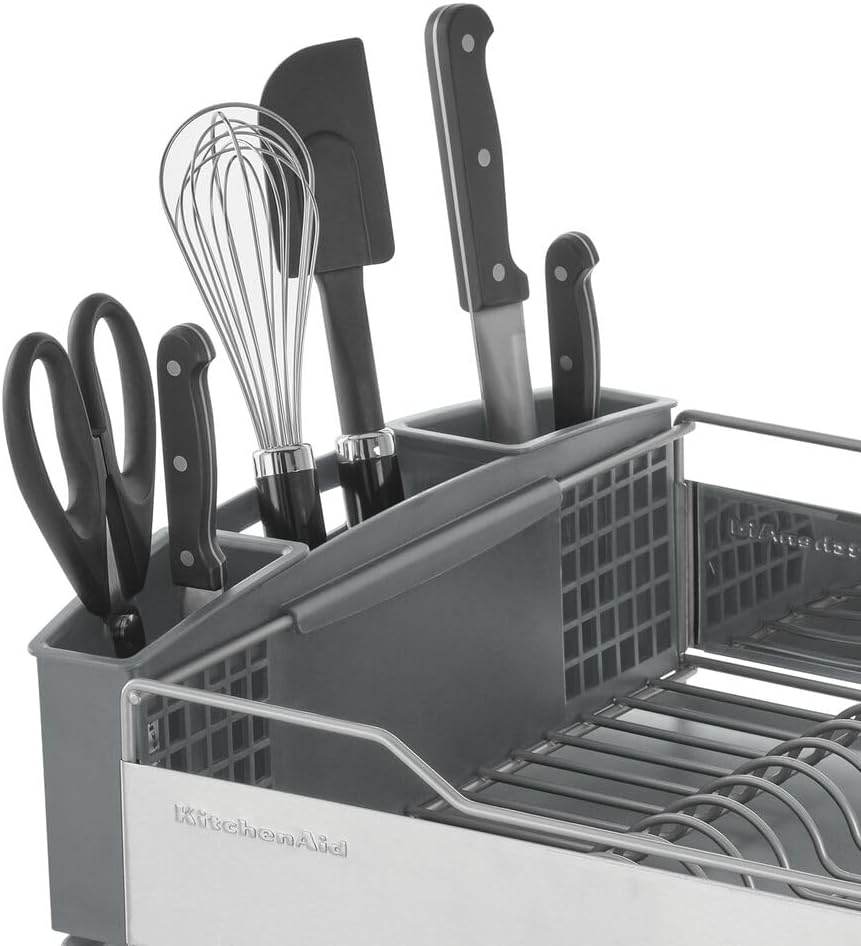 KitchenAid Large Capacity Full Size Rust Resistant Dish Rack with Angled Drain Board and Removable Flatware Caddy, Light Grey image 6