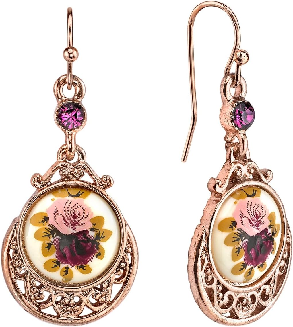 1928 Jewelry Manor House Purple & Pink Rose Flower Amethyst Crystal Drop & Dangle Earrings, Romantic Roses Vintage Victorian Inspired Aesthetic, Rose Gold Tone, Made In USA image 1