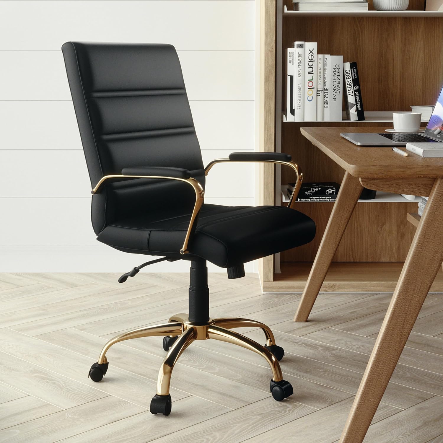 Flash Furniture Whitney Mid-Back Swivel LeatherSoft Desk Chair with Wheels, Padded Seat and Armrests, Adjustable Height Padded Office Chair, Black image 2