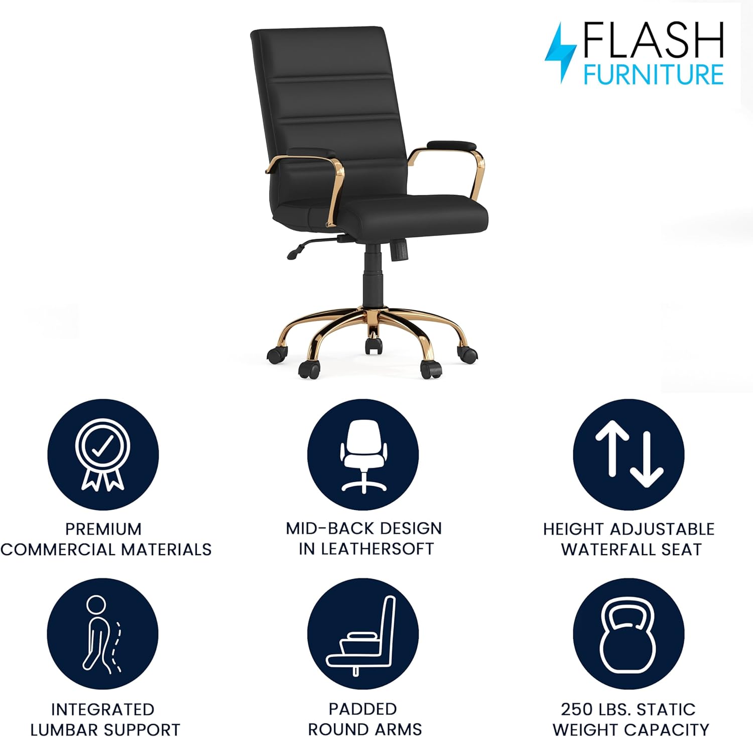 Flash Furniture Whitney Mid-Back Swivel LeatherSoft Desk Chair with Wheels, Padded Seat and Armrests, Adjustable Height Padded Office Chair, Black image 4