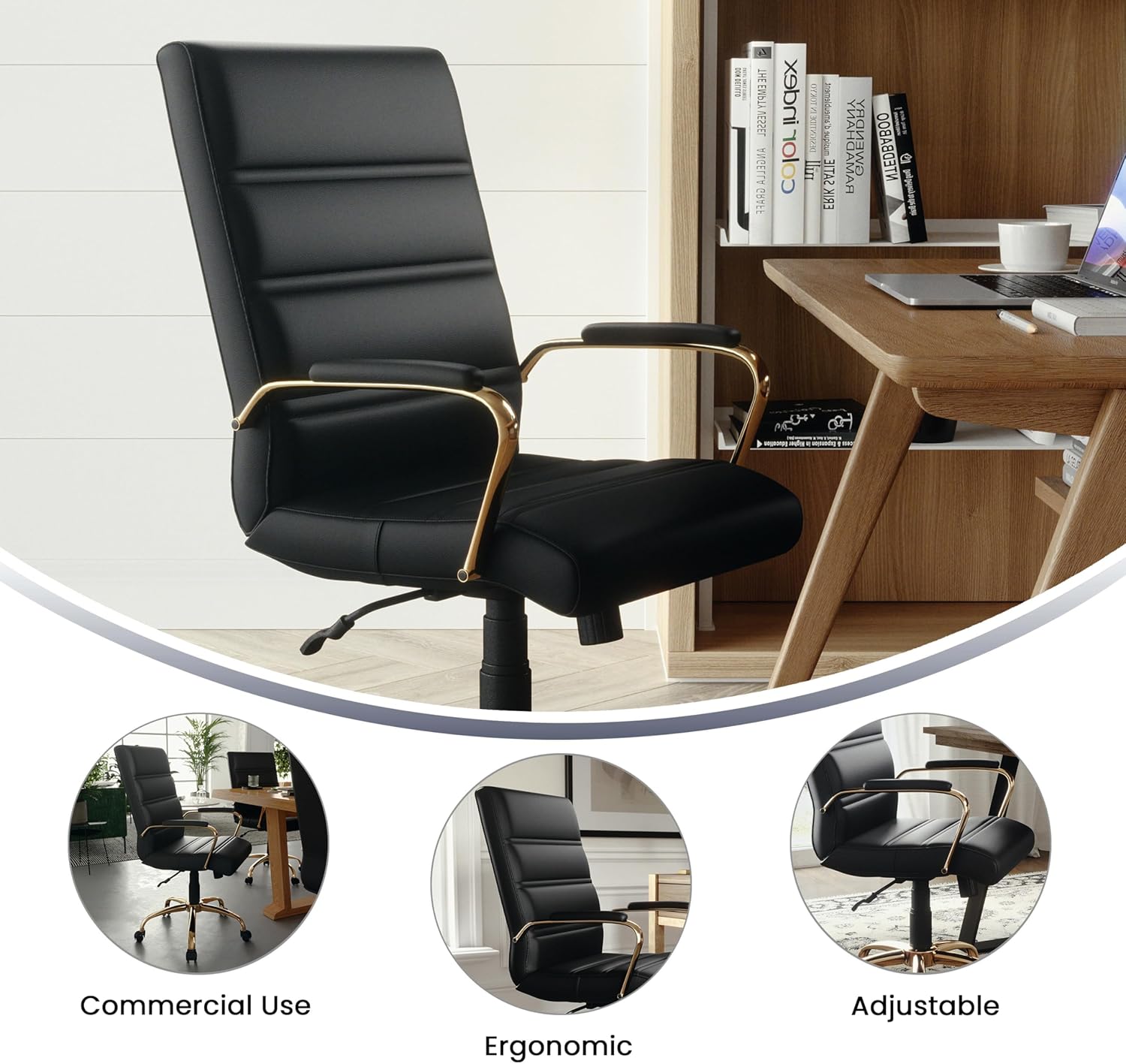 Flash Furniture Whitney Mid-Back Swivel LeatherSoft Desk Chair with Wheels, Padded Seat and Armrests, Adjustable Height Padded Office Chair, Black image 5