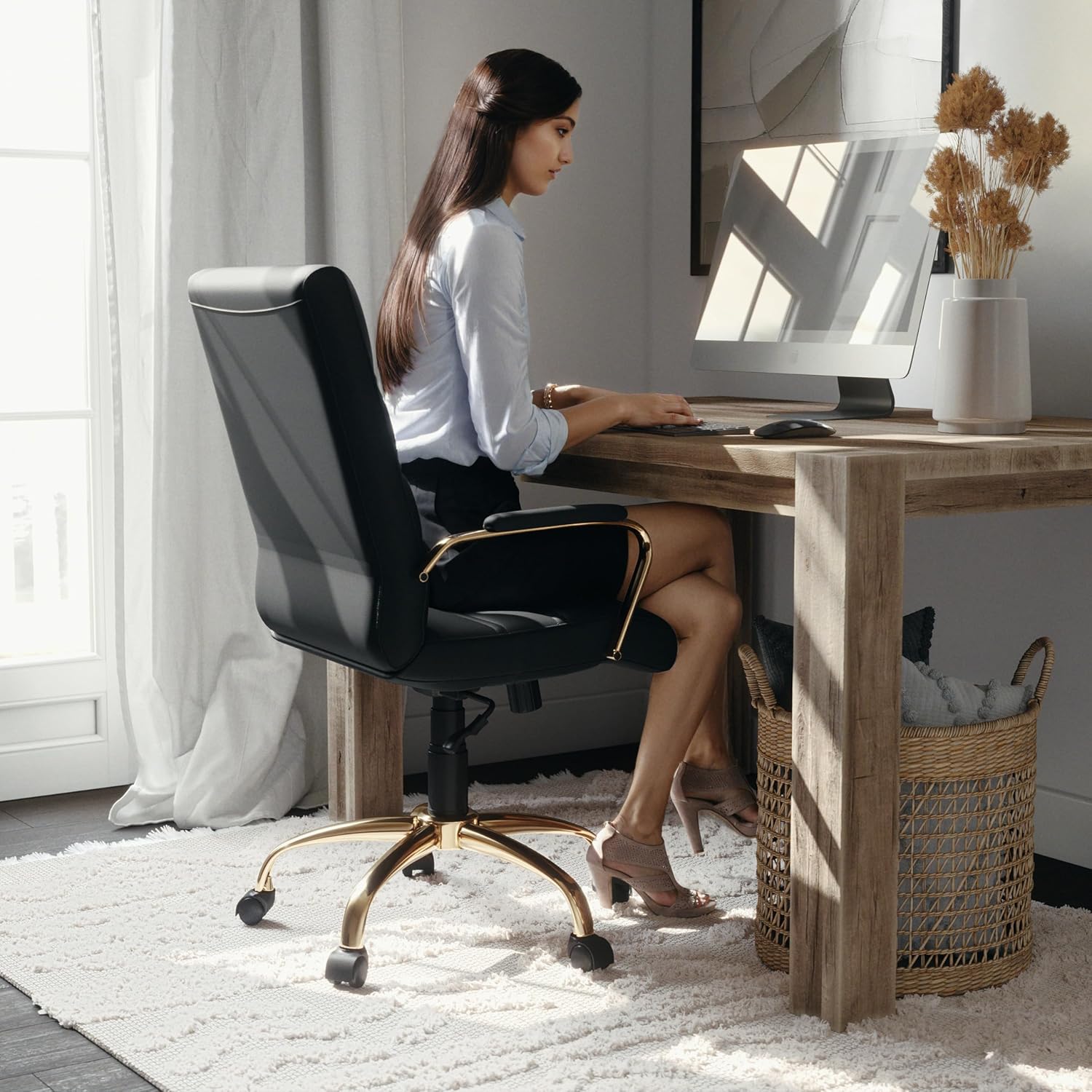 Flash Furniture Whitney Mid-Back Swivel LeatherSoft Desk Chair with Wheels, Padded Seat and Armrests, Adjustable Height Padded Office Chair, Black image 7