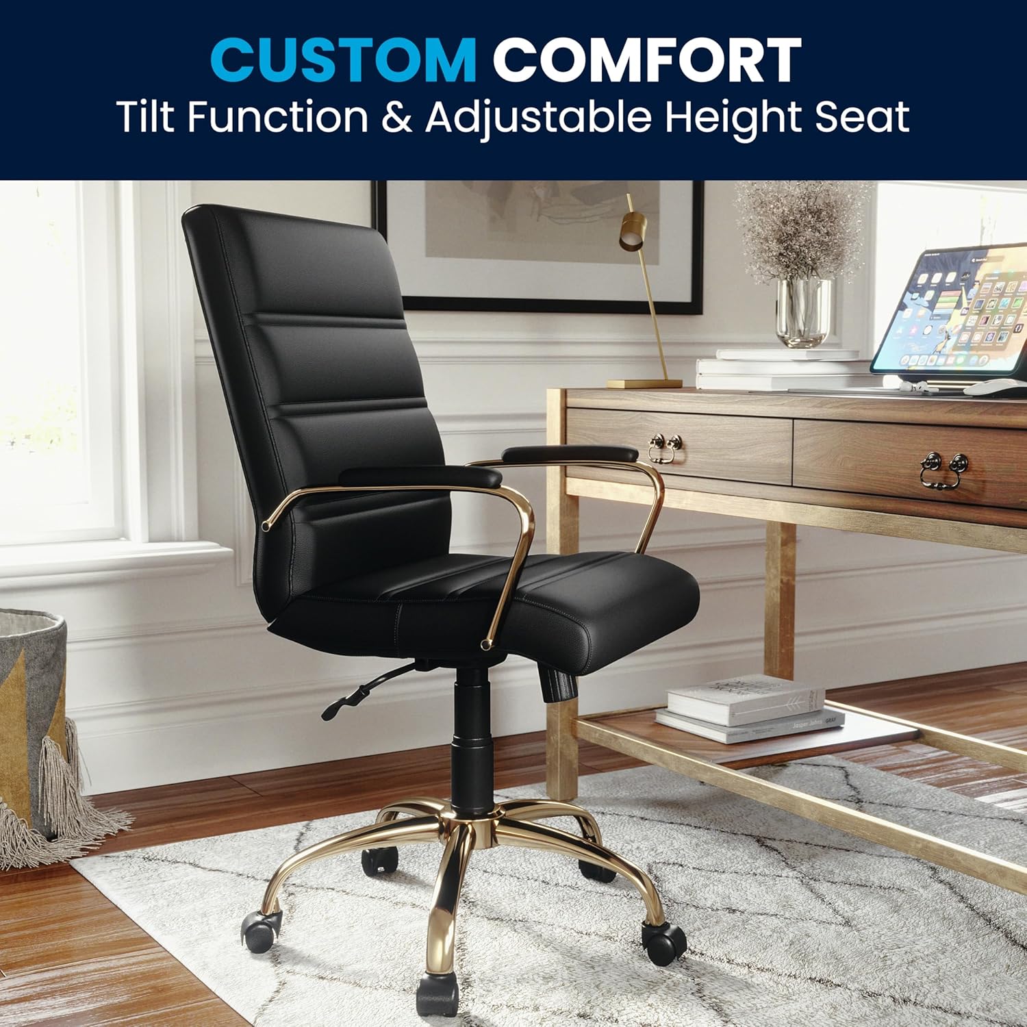 Flash Furniture Whitney Mid-Back Swivel LeatherSoft Desk Chair with Wheels, Padded Seat and Armrests, Adjustable Height Padded Office Chair, Black image 8