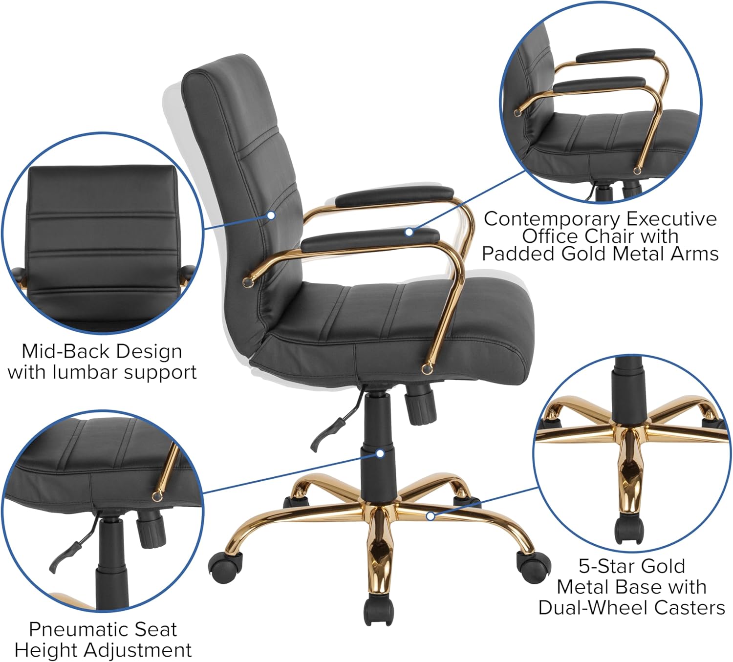 Flash Furniture Whitney Mid-Back Swivel LeatherSoft Desk Chair with Wheels, Padded Seat and Armrests, Adjustable Height Padded Office Chair, Black image 10