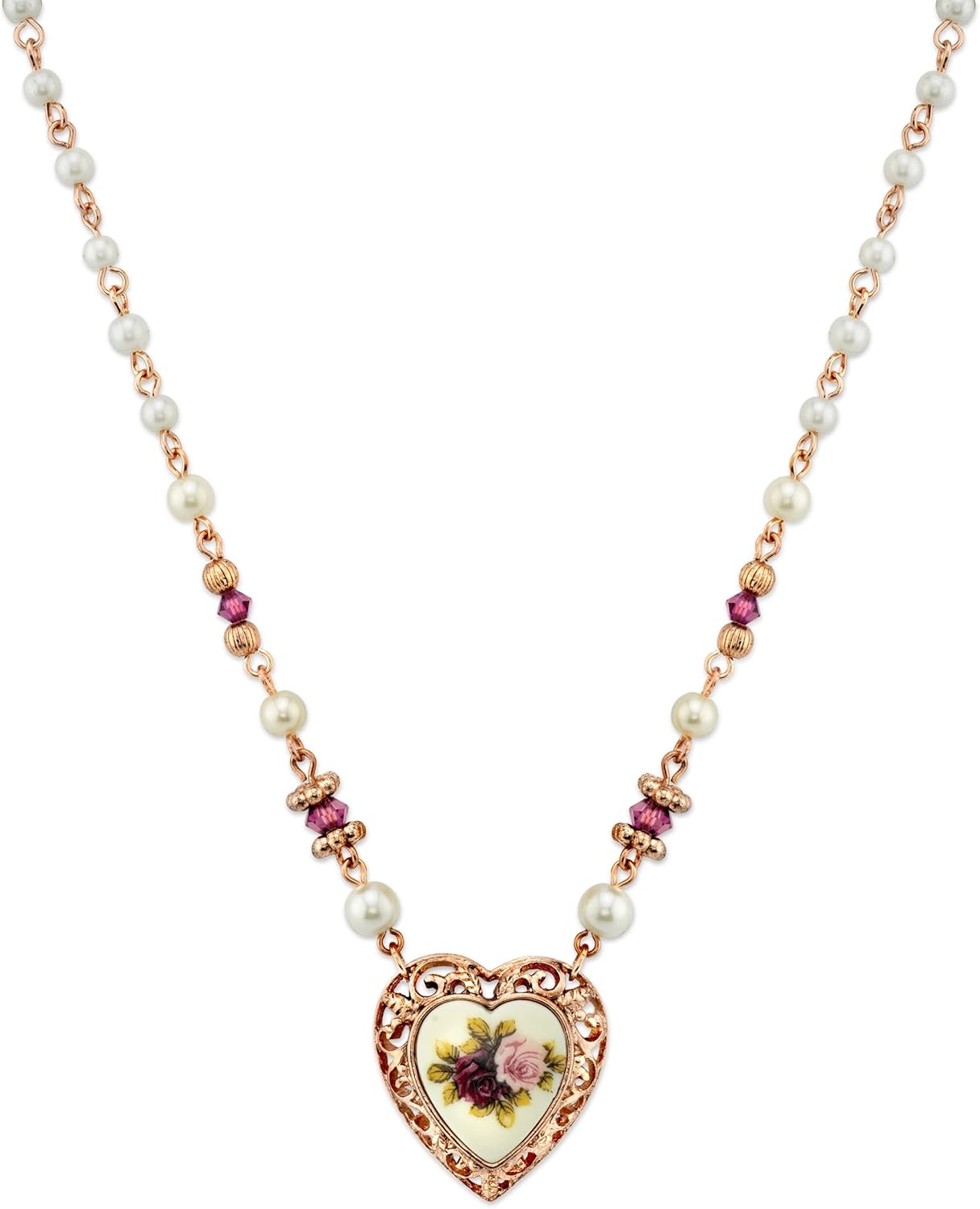 1928 Jewelry Manor House Faux Pearl Purple Flower Heart Pendant Necklace 15" + 3" Extender, Romantic Roses Vintage Victorian Inspired Aesthetic, Rose Gold Tone, Made In USA image 1