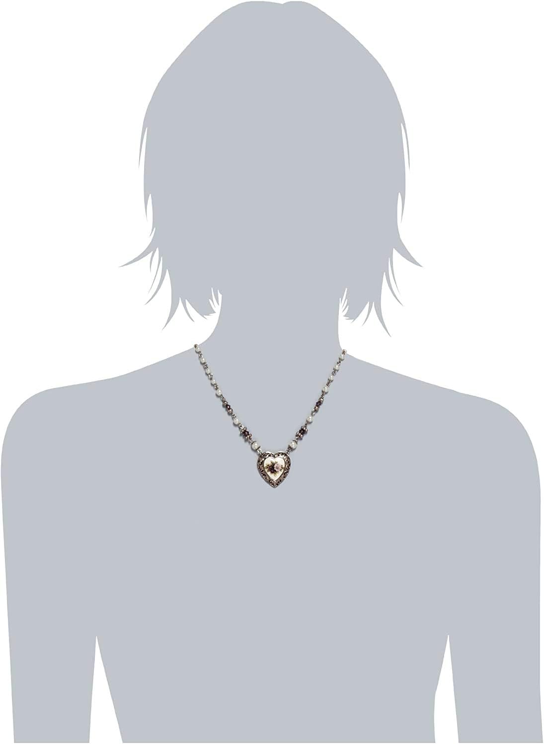 1928 Jewelry Manor House Faux Pearl Purple Flower Heart Pendant Necklace 15" + 3" Extender, Romantic Roses Vintage Victorian Inspired Aesthetic, Rose Gold Tone, Made In USA image 2