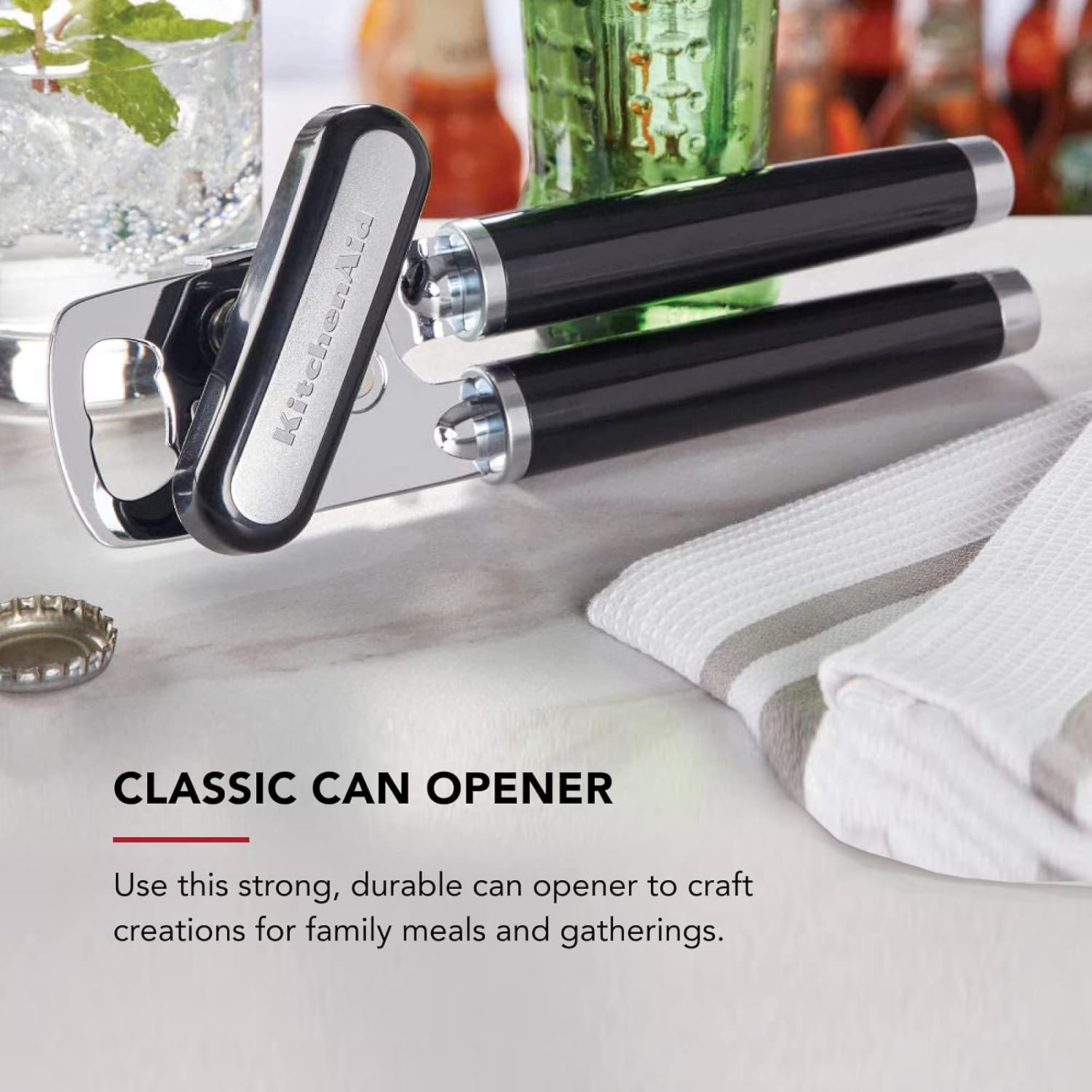 KitchenAid Classic Multifunction Can Opener and Bottle Opener Easy to Use, Razor Sharp Stainless Steel Cutting Wheel, Soft Ergonomic Handles, Black image 2