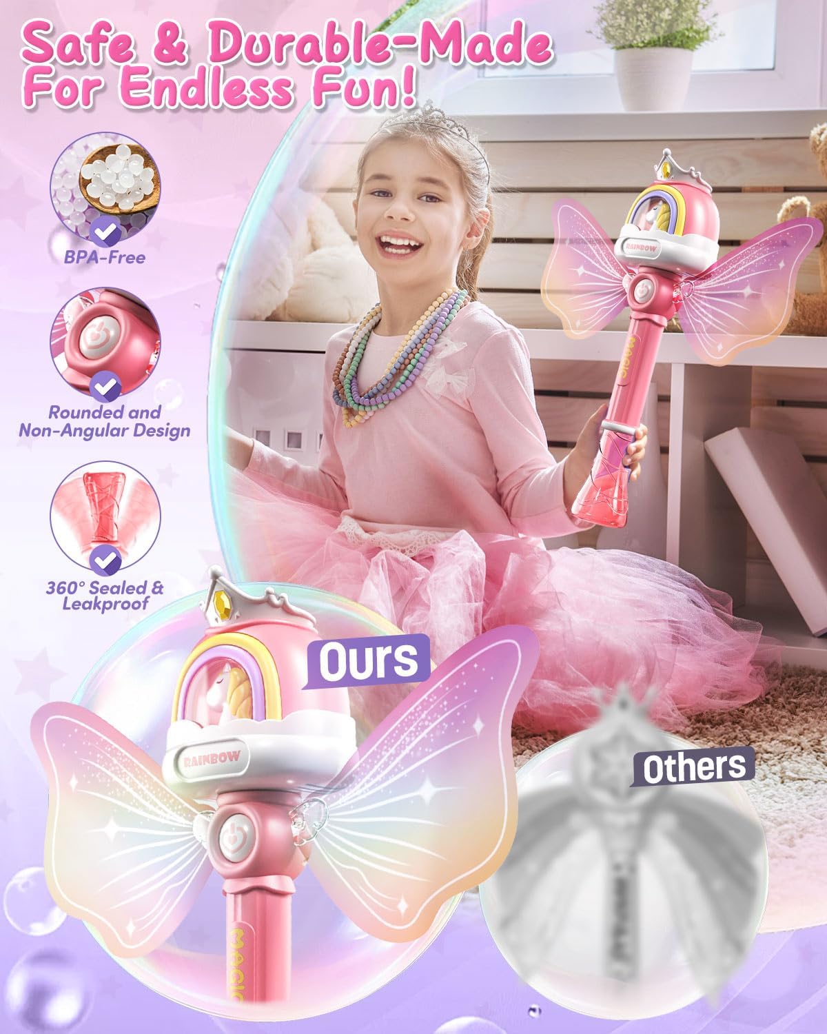 Bubble Wands for Girls Kids, Bubble Machine LED Light Princess Toys with 4 AA Batteries & 2 Solutions, Girl Stuff Outdoor Party Toys for Toddlers, Birthday Gift for 3 4 5 6 7 8 Year Old Girls image 3