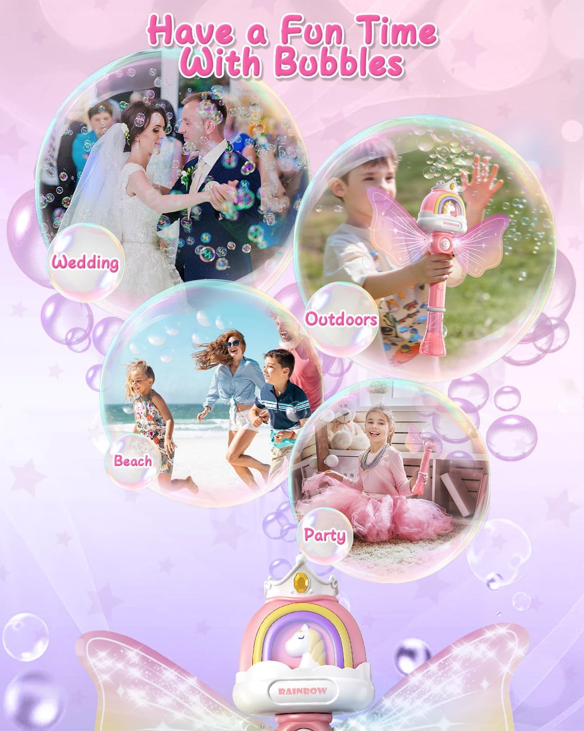 Bubble Wands for Girls Kids, Bubble Machine LED Light Princess Toys with 4 AA Batteries & 2 Solutions, Girl Stuff Outdoor Party Toys for Toddlers, Birthday Gift for 3 4 5 6 7 8 Year Old Girls image 6