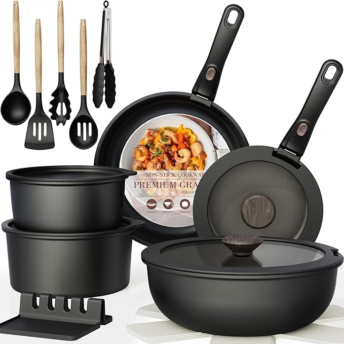 Astercook 21 Pcs Pots and Pans Set Non Stick, Ceramic Cookware Set Detachable Handle, RV Kitchen Cooking Set Removable Handles, Oven Safe, Induction Ready, Stackable Non-stick Set, Black image 1