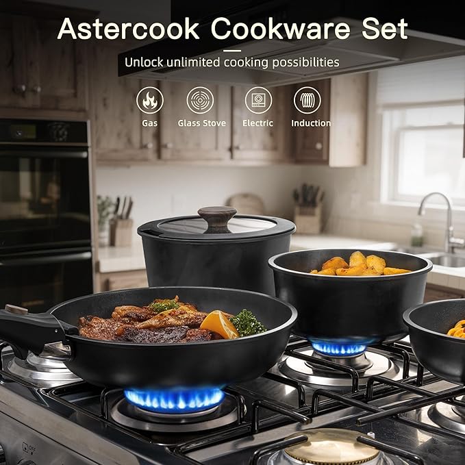 Astercook 21 Pcs Pots and Pans Set Non Stick, Ceramic Cookware Set Detachable Handle, RV Kitchen Cooking Set Removable Handles, Oven Safe, Induction Ready, Stackable Non-stick Set, Black image 2