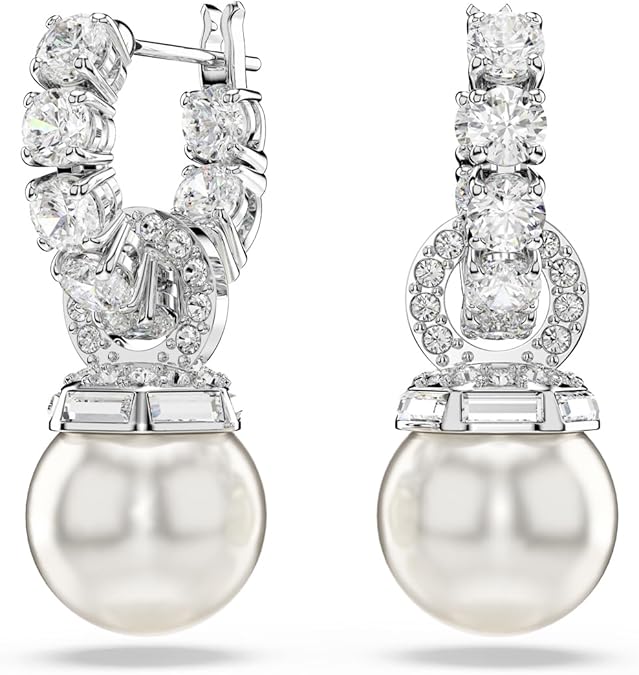 Swarovski Matrix Jewelry Set, Tennis Bracelet, Earrings, Clear Round Cut Crystals With Pearls, Rhodium Finish image 2