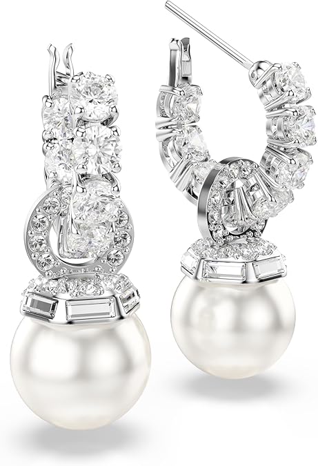 Swarovski Matrix Jewelry Set, Tennis Bracelet, Earrings, Clear Round Cut Crystals With Pearls, Rhodium Finish image 3