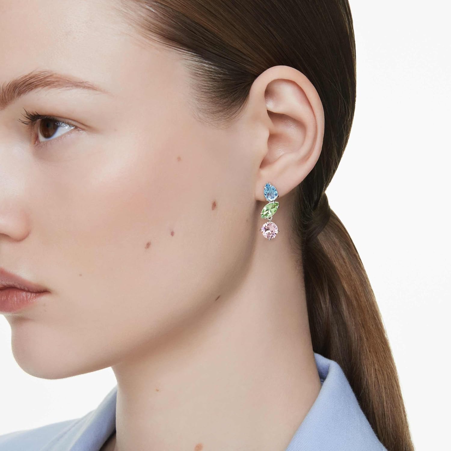 Swarovski Gema Drop Earrings, Asymmetrical Design, Mixed Cuts, Multicolored, Rhodium Finished image 5