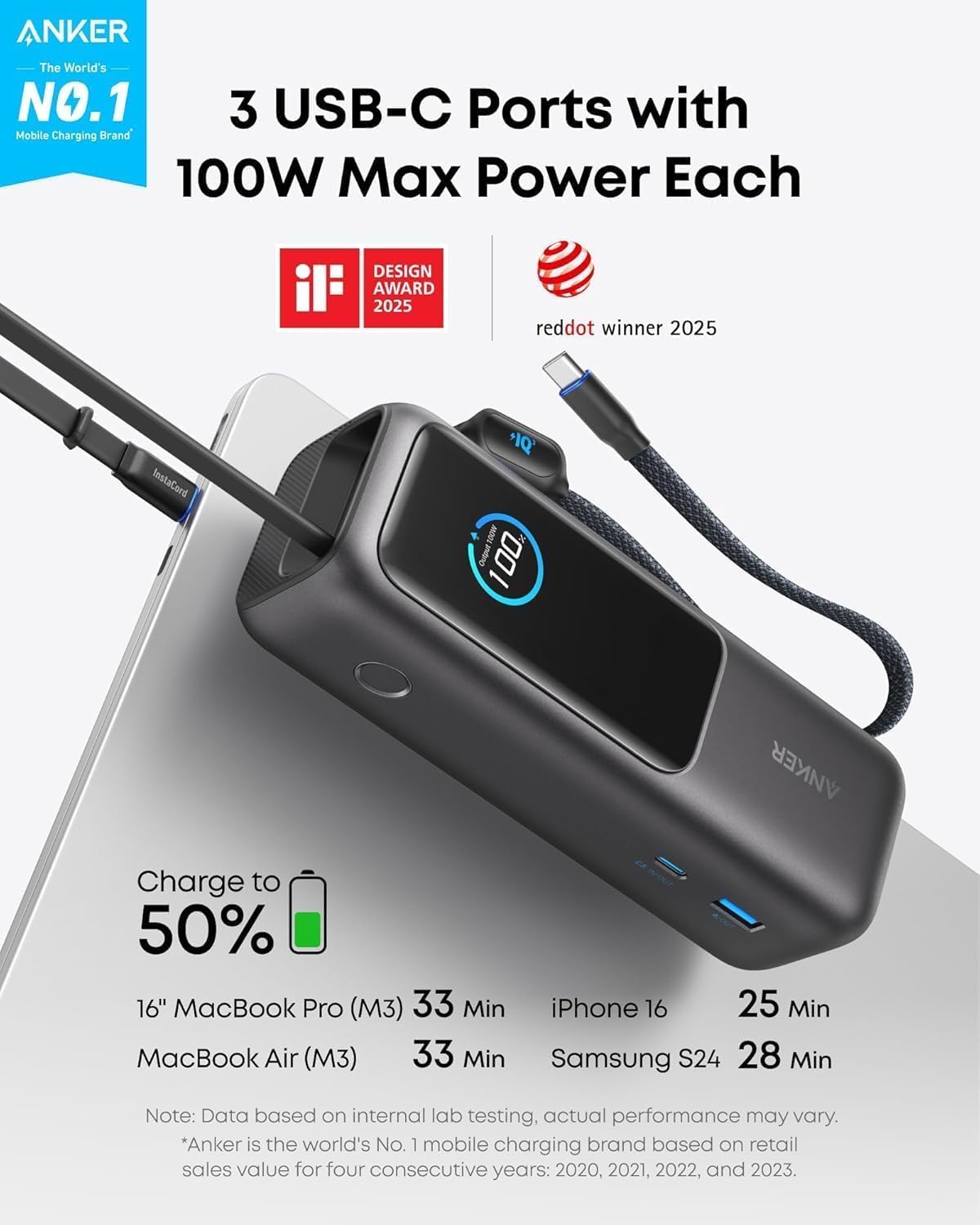 Anker Laptop Power Bank, 25,000mAh Portable Charger with Triple 100W USB-C Ports, Built-in and Retractable Cables, for iPhone 16/15 Series, MacBook, Samsung, and More (Flight-Approved) image 2