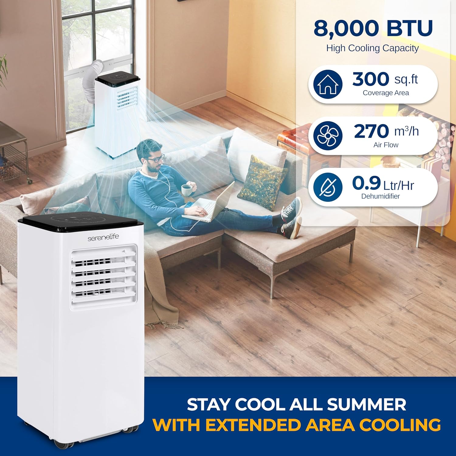 SereneLife 8000 BTU Portable Air Conditioner - 3-in-1 Compact Standing Air Conditioner for Room Up to 300 Sq. Ft. - Floor AC Unit with Remote Control - Universal Casters, Window Mount Kit image 2