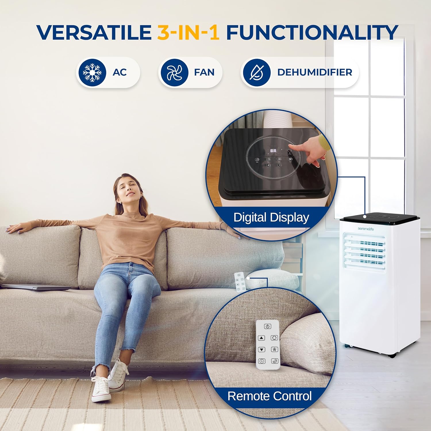 SereneLife 8000 BTU Portable Air Conditioner - 3-in-1 Compact Standing Air Conditioner for Room Up to 300 Sq. Ft. - Floor AC Unit with Remote Control - Universal Casters, Window Mount Kit image 3